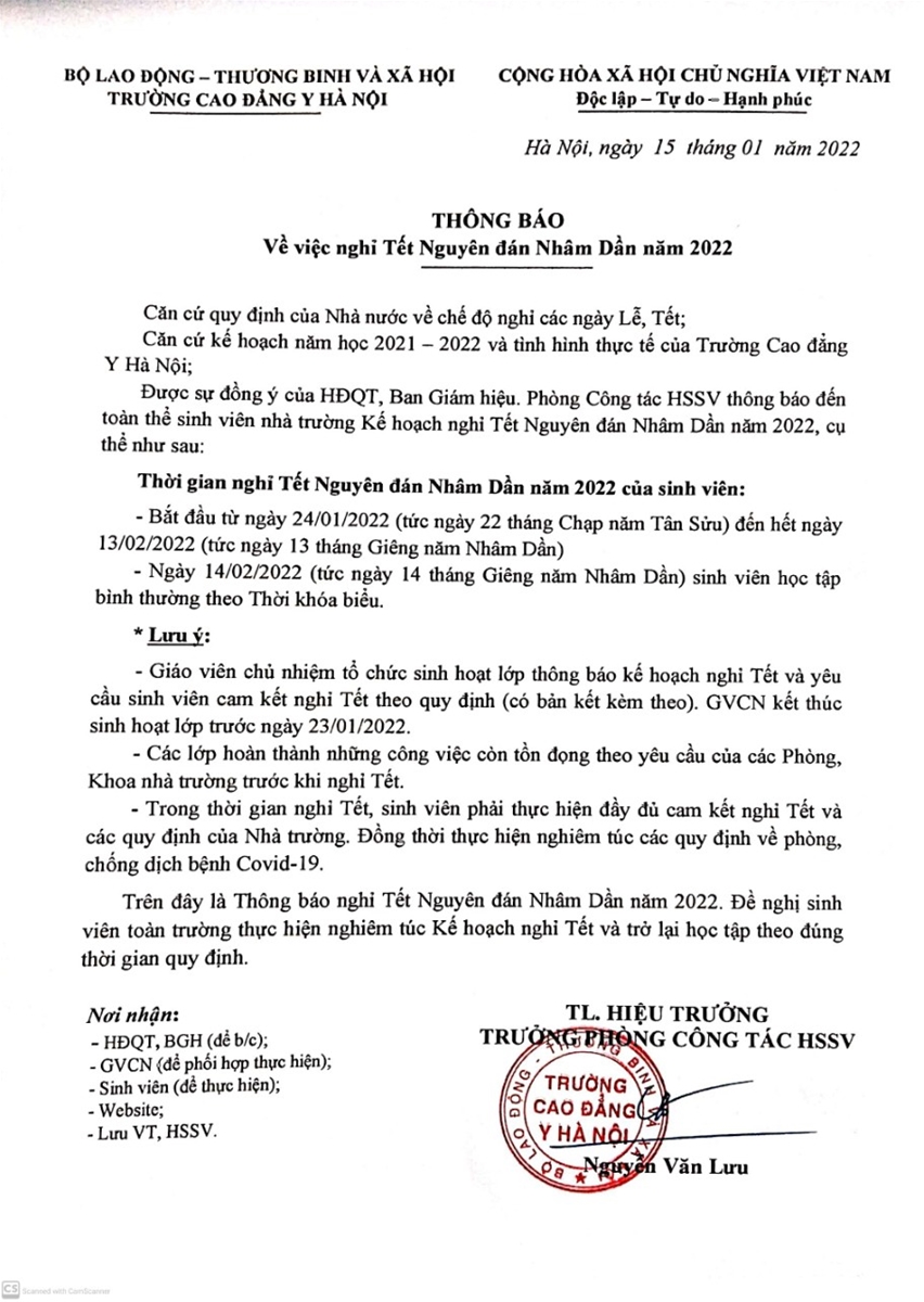 thông báo nghỉ tết 2022