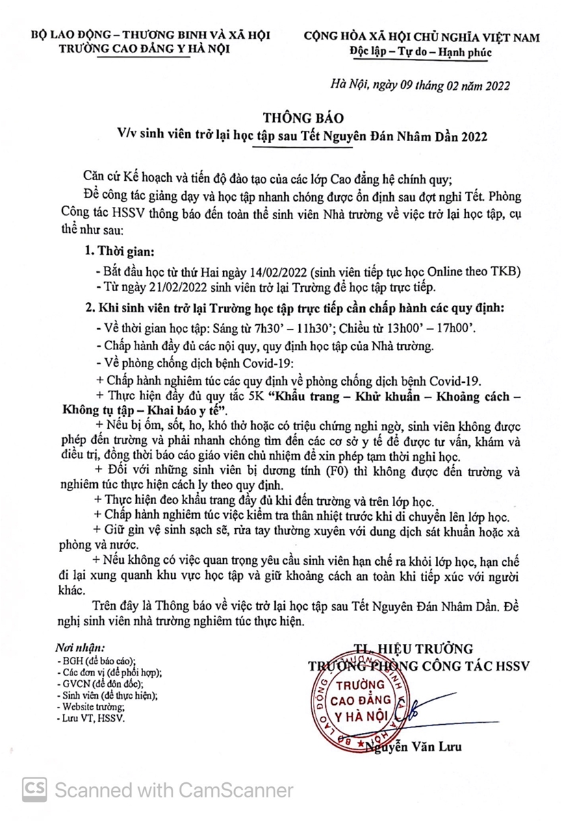 Thông báo trở lại học tập