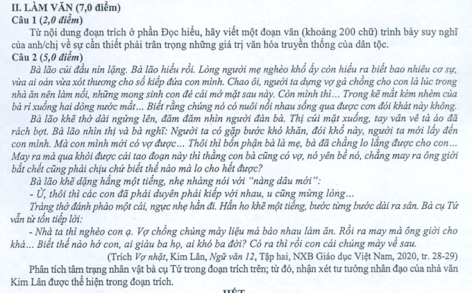 Phần làm văn, đề thi tham khảo môn Ngữ văn năm 2022.
